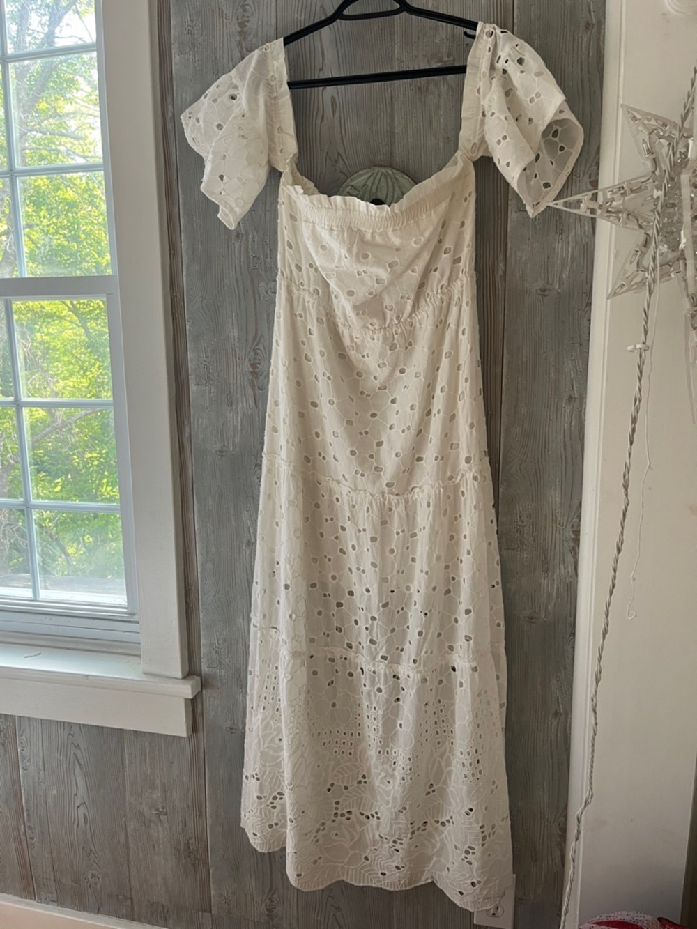 Off-Shoulder Cream Eyelet Midi Dress with Puff Sleeves